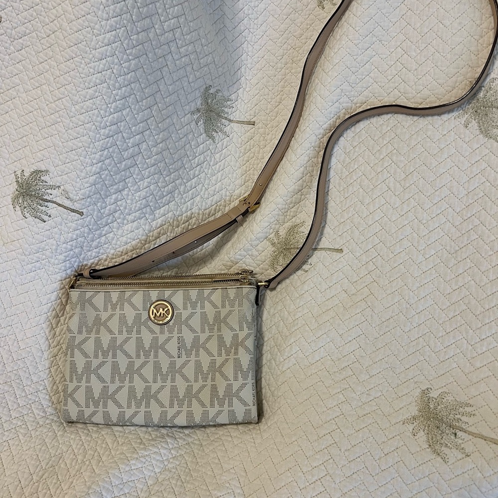 Michael Kors Light Gray and Cream Monogram Crossbody Bag